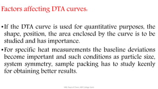 Factors affecting DTA curves:
•If the DTA curve is used for quantitative purposes, the
shape, position, the area enclosed by the curve is to be
studied and has importance.
•For specific heat measurements the baseline deviations
become important and such conditions as particle size,
system symmetry, sample packing has to study keenly
for obtaining better results.
SRB, Dept of Chem, KBP College Vashi
 
