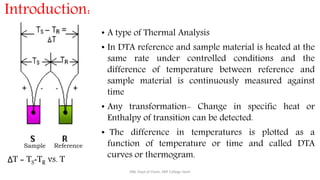 • A type of Thermal Analysis
• In DTA reference and sample material is heated at the
same rate under controlled conditions and the
difference of temperature between reference and
sample material is continuously measured against
time
• Any transformation- Change in specific heat or
Enthalpy of transition can be detected.
• The difference in temperatures is plotted as a
function of temperature or time and called DTA
curves or thermogram.
Sample Reference
SRB, Dept of Chem, KBP College Vashi
Introduction:
ΔT = TS‐TR vs. T
 
