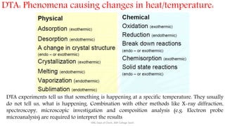 DTA: Phenomena causing changes in heat/temperature:
SRB, Dept of Chem, KBP College Vashi
DTA experiments tell us that something is happening at a specific temperature. They usually
do not tell us, what is happening. Combination with other methods like X-ray diffraction,
spectroscopy, microscopic investigation and composition analysis (e.g. Electron probe
microanalysis) are required to interpret the results
 