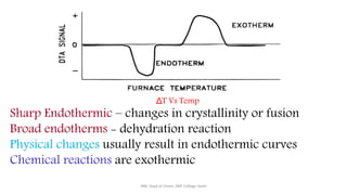 SRB, Dept of Chem, KBP College Vashi
Sharp Endothermic – changes in crystallinity or fusion
Broad endotherms - dehydration reaction
Physical changes usually result in endothermic curves
Chemical reactions are exothermic
ΔT Vs Temp
 