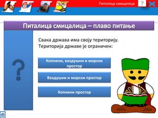 Питалица смицалица 
Свака држава има своју територију. 
Територија државе је ограничен: 
Копнени, ваздушни и морски 
простор 
Ваздушни и морски простор 
Копнени простор 
 