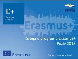 Srbija u programu Erazmus+
Poziv 2018
TEMPUS
F O N D A C I J A
TEMPUS
F O U N D AT I O N
Erazmus+ informativni dani
 