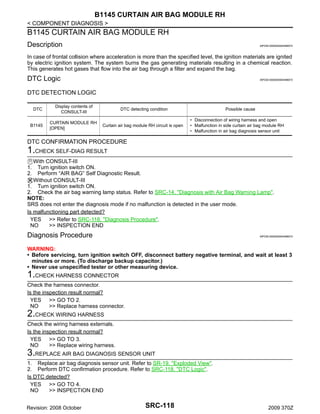 B1145 CURTAIN AIR BAG MODULE RH
< COMPONENT DIAGNOSIS >

B1145 CURTAIN AIR BAG MODULE RH
Description

INFOID:0000000004496572

In case of frontal collision where acceleration is more than the specified level, the ignition materials are ignited
by electric ignition system. The system burns the gas generating materials resulting in a chemical reaction.
This generates hot gases that flow into the air bag through a filter and expand the bag.

DTC Logic

INFOID:0000000004496573

DTC DETECTION LOGIC
DTC

Display contents of
CONSULT-III

DTC detecting condition

B1145

CURTAIN MODULE RH
[OPEN]

Curtain air bag module RH circuit is open

Possible cause
• Disconnection of wiring harness and open
• Malfunction in side curtain air bag module RH
• Malfunction in air bag diagnosis sensor unit

DTC CONFIRMATION PROCEDURE

1.CHECK SELF-DIAG RESULT
With CONSULT-III
Turn ignition switch ON.
Perform “AIR BAG” Self Diagnostic Result.
Without CONSULT-III
1. Turn ignition switch ON.
2. Check the air bag warning lamp status. Refer to SRC-14, "Diagnosis with Air Bag Warning Lamp".
NOTE:
SRS does not enter the diagnosis mode if no malfunction is detected in the user mode.
Is malfunctioning part detected?
YES >> Refer to SRC-118, "Diagnosis Procedure".
NO
>> INSPECTION END
1.
2.

Diagnosis Procedure

INFOID:0000000004496574

WARNING:
• Before servicing, turn ignition switch OFF, disconnect battery negative terminal, and wait at least 3
minutes or more. (To discharge backup capacitor.)
• Never use unspecified tester or other measuring device.

1.CHECK HARNESS CONNECTOR
Check the harness connector.
Is the inspection result normal?
YES >> GO TO 2.
NO
>> Replace harness connector.

2.CHECK WIRING HARNESS
Check the wiring harness externals.
Is the inspection result normal?
YES >> GO TO 3.
NO
>> Replace wiring harness.

3.REPLACE AIR BAG DIAGNOSIS SENSOR UNIT
1. Replace air bag diagnosis sensor unit. Refer to SR-19, "Exploded View".
2. Perform DTC confirmation procedure. Refer to SRC-118, "DTC Logic".
Is DTC detected?
YES >> GO TO 4.
NO
>> INSPECTION END
Revision: 2008 October

SRC-118

2009 370Z

 