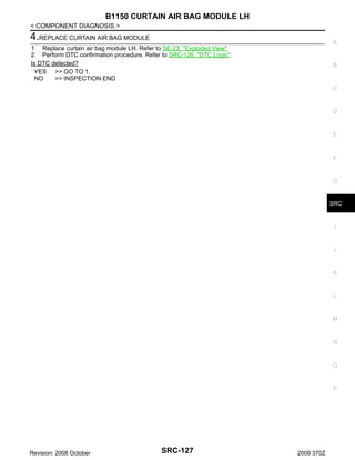 B1150 CURTAIN AIR BAG MODULE LH
< COMPONENT DIAGNOSIS >

4.REPLACE CURTAIN AIR BAG MODULE

A

1. Replace curtain air bag module LH. Refer to SE-23, "Exploded View"
2. Perform DTC confirmation procedure. Refer to SRC-126, "DTC Logic".
Is DTC detected?
YES >> GO TO 1.
NO
>> INSPECTION END

B

C

D

E

F

G

SRC

I

J

K

L

M

N

O

P

Revision: 2008 October

SRC-127

2009 370Z

 