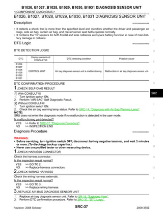 B1026, B1027, B1028, B1029, B1030, B1031 DIAGNOSIS SENSOR UNIT
< COMPONENT DIAGNOSIS >

B1026, B1027, B1028, B1029, B1030, B1031 DIAGNOSIS SENSOR UNIT
Description

• It detects a shock that is more than the specified level and monitors whether the driver and passenger air
bags, side air bag, curtain air bag, and pre-tensioner seat belts operate normally.
• It contains the “G” sensors for both frontal and side collisions and spare battery function in case of main battery damage in collision.

DTC Logic

B1026
B1027
B1028
B1029
B1030
B1031

B

C

INFOID:0000000004496450

DTC DETECTION LOGIC
DTC

A

INFOID:0000000004533988

D

Display contents of
CONSULT-III

CONTROL UNIT

DTC detecting condition

Possible cause

E

Air bag diagnosis sensor unit is malfunctioning

Malfunction in air bag diagnosis sensor unit

F

G

DTC CONFIRMATION PROCEDURE

1.CHECK SELF-DIAG RESULT
With CONSULT-III
Turn ignition switch ON.
Perform “AIR BAG” Self Diagnostic Result.
Without CONSULT-III
1. Turn ignition switch ON.
2. Check the air bag warning lamp status. Refer to SRC-14, "Diagnosis with Air Bag Warning Lamp".
NOTE:
SRS does not enter the diagnosis mode if no malfunction is detected in the user mode.
Is malfunctioning part detected?
YES >> Refer to SRC-37, "Diagnosis Procedure".
NO
>> INSPECTION END

SRC

1.
2.

Diagnosis Procedure

I

J

K

INFOID:0000000004496451

L

WARNING:
• Before servicing, turn ignition switch OFF, disconnect battery negative terminal, and wait 3 minutes
or more. (To discharge backup capacitor.)
• Never use unspecified tester or other measuring device.

M

1.CHECK HARNESS CONNECTOR
Check the harness connector.
Is the inspection result normal?
YES >> GO TO 2.
NO
>> Replace harness connectors.

N

O

2.CHECK WIRING HARNESS
Check the wiring harness externals.
Is the inspection result normal?
YES >> GO TO 3.
NO
>> Replace wiring harness.

P

3.REPLACE AIR BAG DIAGNOSIS SENSOR UNIT
1.
2.

Replace air bag diagnosis sensor unit. Refer to SR-19, "Exploded View".
Perform DTC confirmation procedure. Refer to SRC-37, "DTC Logic".

Revision: 2008 October

SRC-37

2009 370Z

 