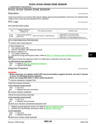 B1033, B1034 CRASH ZONE SENSOR
< COMPONENT DIAGNOSIS >

B1033, B1034 CRASH ZONE SENSOR

A

Description

INFOID:0000000004496452

Crash zone sensor is a G sensor that outputs voltage signal during deceleration at the time of a vehicle frontal
collision that is more than the specified limit is detected.

DTC Logic

B

INFOID:0000000004496453

C

DTC DETECTION LOGIC
DTC
B1033
B1034

Display contents of
CONSULT-III
CRASH ZONE SENSOR
[UNIT FAIL]

DTC detecting condition

Crash zone sensor is malfunctioning

D

Possible cause
• Disconnection of wiring harness
• Malfunction in crash zone sensor
• Malfunction in air bag diagnosis sensor unit

E

DTC CONFIRMATION PROCEDURE

1.CHECK SELF-DIAG RESULT

F

With CONSULT-III
Turn ignition switch ON.
Perform “AIR BAG” Self Diagnostic Result.
Without CONSULT-III
1. Turn ignition switch ON.
2. Check the air bag warning lamp status. Refer to SRC-14, "Diagnosis with Air Bag Warning Lamp".
NOTE:
SRS does not enter the diagnosis mode if no malfunction is detected in the user mode.
Is malfunctioning part detected?
YES >> Refer to SRC-39, "Diagnosis Procedure".
NO
>> INSPECTION END
1.
2.

G

SRC

I

J

Diagnosis Procedure

INFOID:0000000004496454

WARNING:
• Before servicing, turn ignition switch OFF, disconnect battery negative terminal, and wait 3 minutes
or more. (To discharge backup capacitor.)
• Never use unspecified tester or other measuring device.

K

1.CHECK HARNESS CONNECTOR

L

Check the harness connector.
Is the inspection result normal?
YES >> GO TO 2.
NO
>> Replace harness connectors.

M

2.CHECK WIRING HARNESS

N

Check the wiring harness externals.
Is the inspection result normal?
YES >> GO TO 3.
NO
>> Replace wiring harness.

O

3.REPLACE AIR BAG DIAGNOSIS SENSOR UNIT

P

1. Replace air bag diagnosis sensor unit. Refer to SR-19, "Exploded View".
2. Perform DTC confirmation procedure. Refer to SRC-39, "DTC Logic".
Is DTC detected?
YES >> GO TO 4.
NO
>> INSPECTION END

4.REPLACE CRASH ZONE SENSOR
Revision: 2008 October

SRC-39

2009 370Z

 