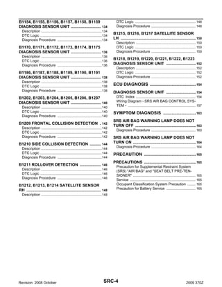 B1154, B1155, B1156, B1157, B1158, B1159
DIAGNOSIS SENSOR UNIT ........................... 134
.

DTC Logic ............................................................ 148
.
Diagnosis Procedure ............................................ 148
.

Description ............................................................134
.
DTC Logic .............................................................134
.
Diagnosis Procedure ............................................134
.

B1215, B1216, B1217 SATELLITE SENSOR
LH .................................................................... 150
.

B1170, B1171, B1172, B1173, B1174, B1175
DIAGNOSIS SENSOR UNIT ........................... 136
.

Description ........................................................... 150
.
DTC Logic ............................................................ 150
.
Diagnosis Procedure ............................................ 150
.

Description ............................................................136
.
DTC Logic .............................................................136
.
Diagnosis Procedure ............................................136
.

B1218, B1219, B1220, B1221, B1222, B1223
DIAGNOSIS SENSOR UNIT ........................... 152
.

B1186, B1187, B1188, B1189, B1190, B1191
DIAGNOSIS SENSOR UNIT ........................... 138
.
Description ............................................................138
.
DTC Logic .............................................................138
.
Diagnosis Procedure ............................................138
.

B1202, B1203, B1204, B1205, B1206, B1207
DIAGNOSIS SENSOR UNIT ........................... 140
.

Description ........................................................... 152
.
DTC Logic ............................................................ 152
.
Diagnosis Procedure ............................................ 152
.

ECU DIAGNOSIS ...................................... 154
DIAGNOSIS SENSOR UNIT ........................... 154
.
DTC Index ........................................................... 154
.
Wiring Diagram - SRS AIR BAG CONTROL SYSTEM - ................................................................... 157
.

Description ............................................................140
.
DTC Logic .............................................................140
.
Diagnosis Procedure ............................................140
.

SYMPTOM DIAGNOSIS ........................... 163

B1209 FRONTAL COLLISION DETECTION . 142

SRS AIR BAG WARNING LAMP DOES NOT
TURN OFF ....................................................... 163
.

Description ............................................................142
.
DTC Logic .............................................................142
.
Diagnosis Procedure ............................................142
.

B1210 SIDE COLLISION DETECTION .......... 144
.
Description ............................................................144
.
DTC Logic .............................................................144
.
Diagnosis Procedure ............................................144
.

B1211 ROLLOVER DETECTION ................... 146
.
Description ............................................................146
.
DTC Logic .............................................................146
.
Diagnosis Procedure ............................................146
.

B1212, B1213, B1214 SATELLITE SENSOR
RH ................................................................... 148
.

Diagnosis Procedure ............................................ 163
.

SRS AIR BAG WARNING LAMP DOES NOT
TURN ON ......................................................... 164
.
Diagnosis Procedure ............................................ 164
.

PRECAUTION ........................................... 165
PRECAUTIONS ............................................... 165
.
Precaution for Supplemental Restraint System
(SRS) "AIR BAG" and "SEAT BELT PRE-TENSIONER" .............................................................. 165
.
Service ................................................................. 165
.
Occupant Classification System Precaution ........ 165
.
Precaution for Battery Service ............................. 165
.

Description ............................................................148
.

Revision: 2008 October

SRC-4

2009 370Z

 