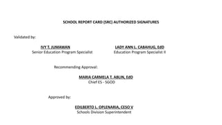SCHOOL REPORT CARD (SRC) AUTHORIZED SIGNATURES
Validated by:
IVY T. JUMAWAN LADY ANN L. CABAHUG, EdD
Senior Education Program Specialist Education Program Specialist II
Recommending Approval:
MARIA CARMELA T. ABLIN, EdD
Chief ES - SGOD
Approved by:
EDILBERTO L. OPLENARIA, CESO V
Schools Division Superintendent
 