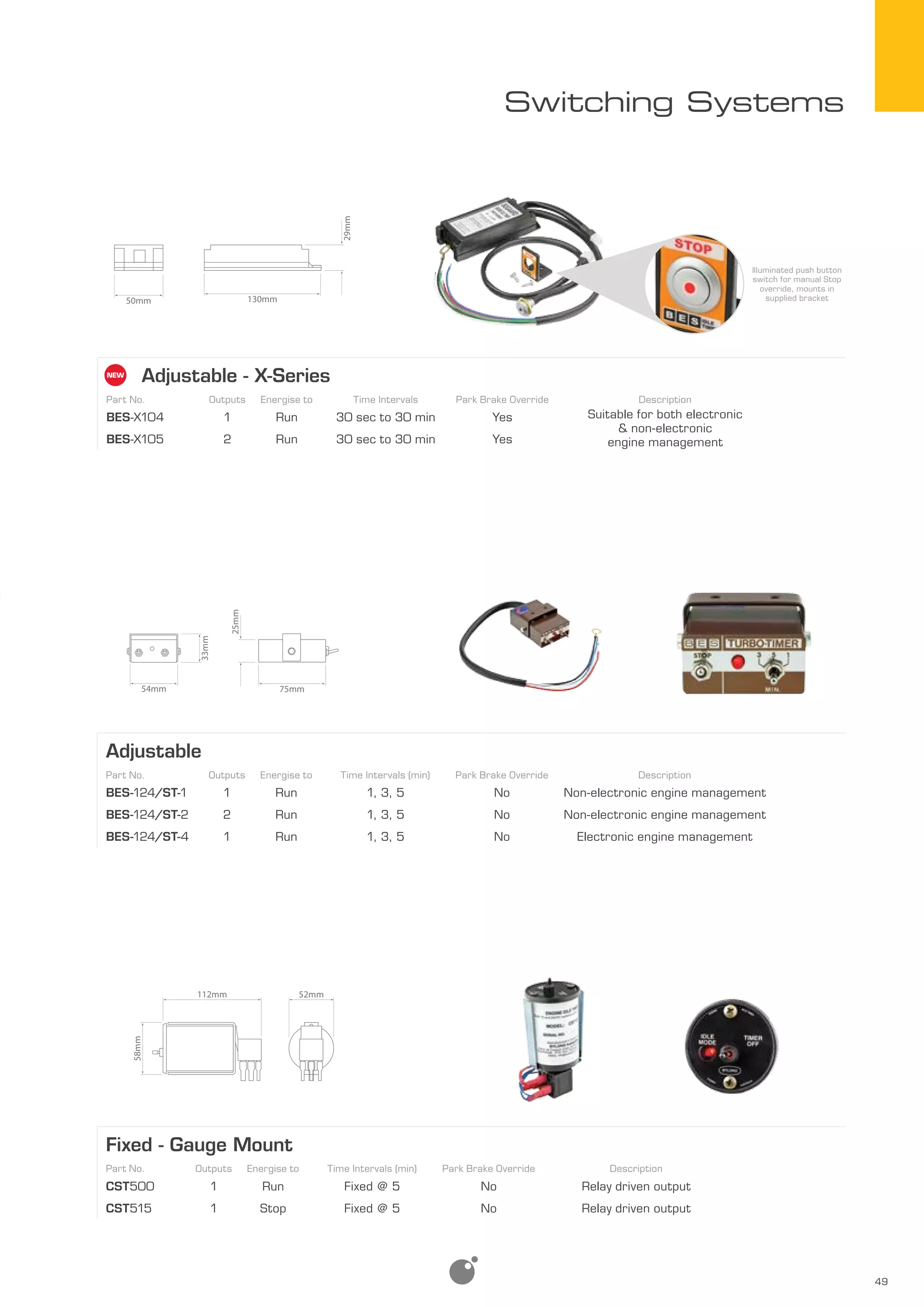 49
Switching Systems
Adjustable - X-Series
Part No. Outputs Energise to Time Intervals Park Brake Override Description
BES-X104 1 Run 30 sec to 30 min Yes Suitable for both electronic
& non-electronic
engine managementBES-X105 2 Run 30 sec to 30 min Yes
Fixed - Gauge Mount
Part No. Outputs Energise to Time Intervals (min) Park Brake Override Description
CST500 1 Run Fixed @ 5 No Relay driven output
CST515 1 Stop Fixed @ 5 No Relay driven output
Adjustable
Part No. Outputs Energise to Time Intervals (min) Park Brake Override Description
BES-124/ST-1 1 Run 1, 3, 5 No Non-electronic engine management
BES-124/ST-2 2 Run 1, 3, 5 No Non-electronic engine management
BES-124/ST-4 1 Run 1, 3, 5 No Electronic engine management
Illuminated push button
switch for manual Stop
override, mounts in
supplied bracket
75mm
25mm
54mm
33mm
130mm
29mm
50mm
52mm
58mm
112mm
 