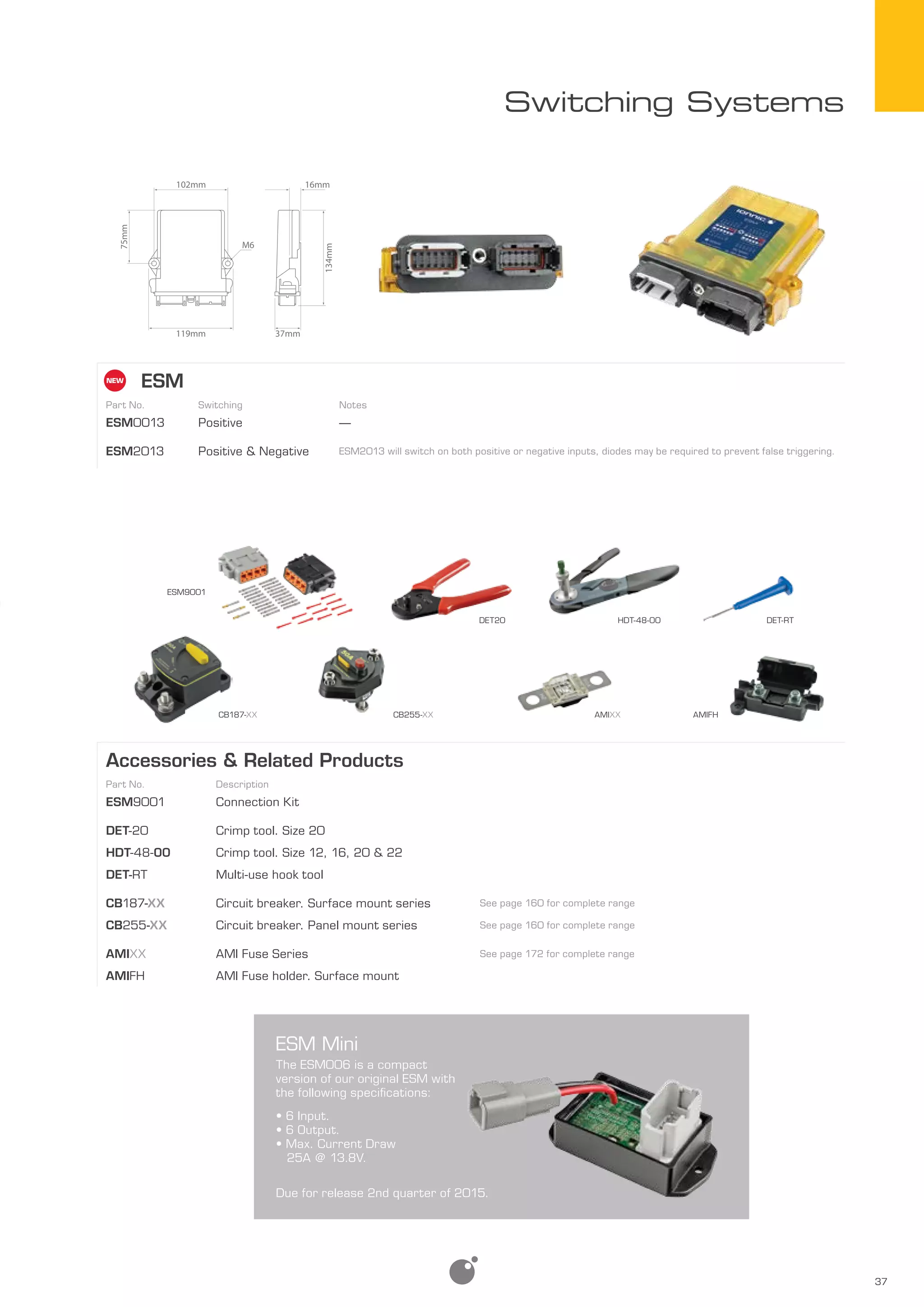37
Switching Systems
Accessories & Related Products
Part No. Description
ESM9001 Connection Kit
DET-20 Crimp tool. Size 20
HDT-48-00 Crimp tool. Size 12, 16, 20 & 22
DET-RT Multi-use hook tool
CB187-XX Circuit breaker. Surface mount series See page 160 for complete range
CB255-XX Circuit breaker. Panel mount series See page 160 for complete range
AMIXX AMI Fuse Series See page 172 for complete range
AMIFH AMI Fuse holder. Surface mount
ESM9001
DET20 HDT-48-00 DET-RT
AMIFHAMIXXCB187-XX CB255-XX
ESM Mini
The ESM006 is a compact
version of our original ESM with
the following specifications:
• 6 Input.
• 6 Output.
• Max. Current Draw 	
	 25A @ 13.8V.
16mm
37mm119mm
75mm
102mm
134mm
M6
Due for release 2nd quarter of 2015.
ESM
Part No. Switching Notes
ESM0013 Positive —
ESM2013 Positive & Negative ESM2013 will switch on both positive or negative inputs, diodes may be required to prevent false triggering.
 