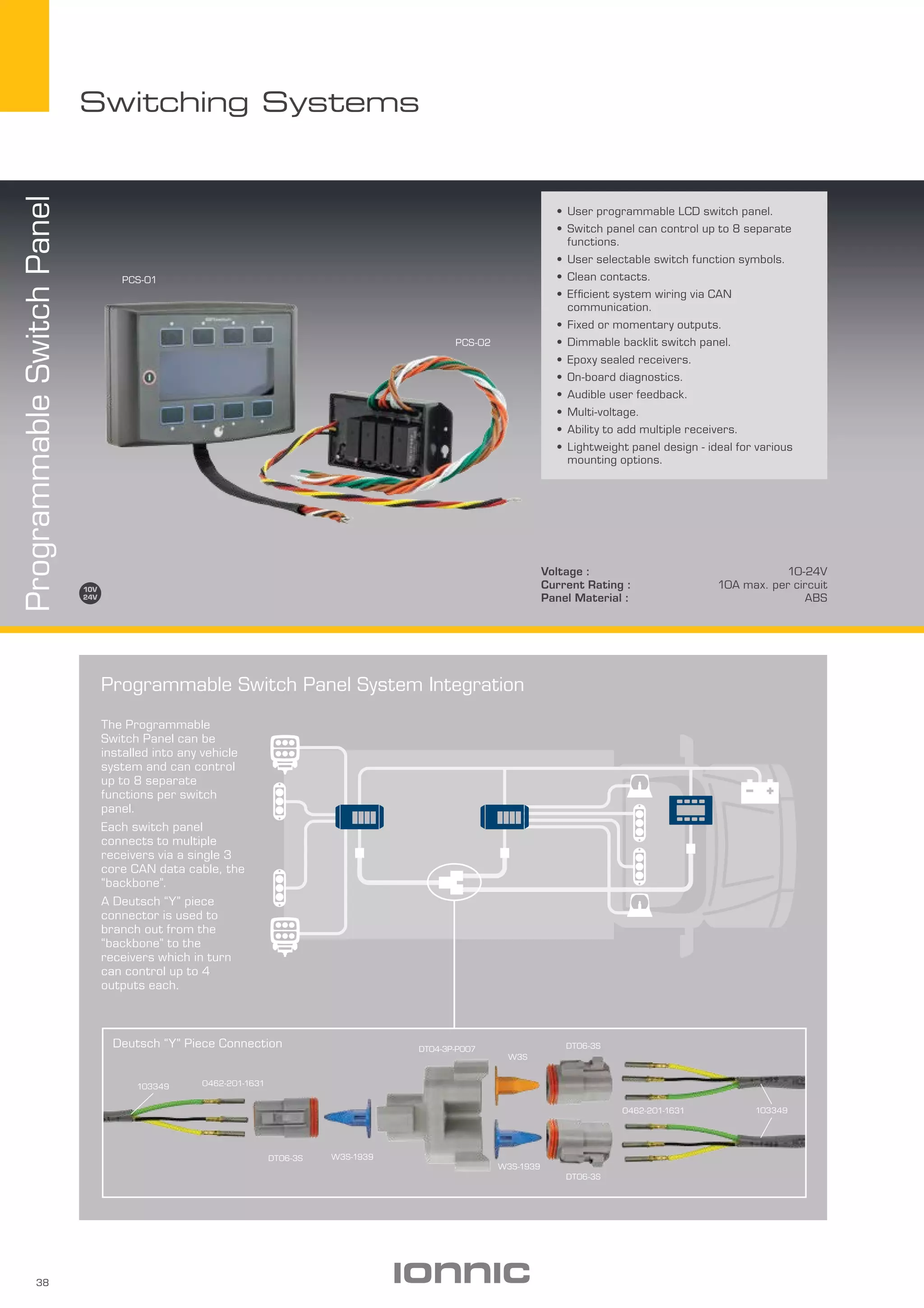 38
Switching Systems
Programmable Switch Panel System Integration
•	User programmable LCD switch panel.
•	Switch panel can control up to 8 separate
functions.
•	User selectable switch function symbols.
•	Clean contacts.
•	Efficient system wiring via CAN
communication.
•	Fixed or momentary outputs.
•	Dimmable backlit switch panel.
•	Epoxy sealed receivers.
•	On-board diagnostics.
•	Audible user feedback.
•	Multi-voltage.
•	Ability to add multiple receivers.
•	Lightweight panel design - ideal for various
mounting options.
ProgrammableSwitchPanel
PCS-01
PCS-02
Voltage : 10-24V
Current Rating : 10A max. per circuit
Panel Material : ABS
The Programmable
Switch Panel can be
installed into any vehicle
system and can control
up to 8 separate
functions per switch
panel.
Each switch panel
connects to multiple
receivers via a single 3
core CAN data cable, the
“backbone”.
A Deutsch “Y” piece
connector is used to
branch out from the
“backbone” to the
receivers which in turn
can control up to 4
outputs each.
0462-201-1631
0462-201-1631103349
DT04-3P-P007
DT06-3S
DT06-3S
DT06-3S
W3S-1939
W3S-1939
103349
Deutsch “Y” Piece Connection
W3S
 