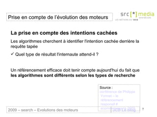 JCD Le blog La prise en compte des intentions cachées Les algorithmes cherchent à identifier l'intention cachée derrière la requête tapée Quel type de résultat l'internaute attend-il ?  Un référencement efficace doit tenir compte aujourd'hui du fait que  les algorithmes sont différents selon les types de recherche Prise en compte de l’évolution des moteurs 2009 – search – Evolutions des moteurs Source :  conférence de Philippe  Yonnet  – le  référencement  responsif #  ecommerceparis  2009 