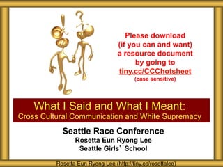 Seattle Race Conference
Rosetta Eun Ryong Lee
Seattle Girls’ School
What I Said and What I Meant:
Cross Cultural Communication and White Supremacy
Rosetta Eun Ryong Lee (http://tiny.cc/rosettalee)
Please download
(if you can and want)
a resource document
by going to
tiny.cc/CCChotsheet
(case sensitive)
 