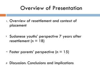 Overview of Presentation <ul><li>Overview of resettlement and context of placement </li></ul><ul><li>Sudanese youths’ pers...