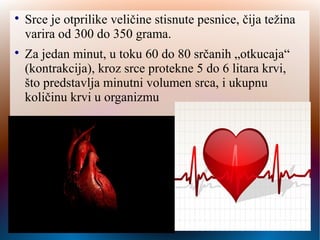
Srce je otprilike veličine stisnute pesnice, čija težina
varira od 300 do 350 grama

Za jedan minut, u toku 60 do 80 srčanih „otkucaja“
(kontrakcija), kroz srce protekne 5 do 6 litara krvi,
što predstavlja minutni volumen srca, i ukupnu
količinu krvi u organizmu
 