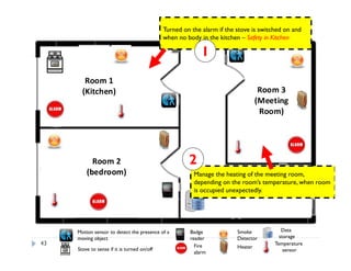 Evaluating Reusability…
43
Motion sensor to detect the presence of a
moving object
Stove to sense if it is turned on/off
Badge
reader
Smoke
Detector
Fire
alarm
Heater
Data
storage
Temperature
sensor
Room 2
(bedroom)
Room 1 
(Kitchen) Room 3
(Meeting
Room)
Turned on the alarm if the stove is switched on and
when no body in the kitchen – Safety in Kitchen
Manage the heating of the meeting room,
depending on the room’s temperature, when room
is occupied unexpectedly.
1
2
 