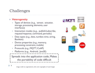 Challenges
6
 Heterogeneity
 Types of devices (e.g., sensor, actuator,
storage, processing elements, user
interfaces)
 Interaction modes (e.g., publish/subscribe,
request/response, command, periodic)
 Data types (e.g., date, number, time, string,
Boolean)
 Device properties (e.g., memory,
processing constraint, mobile)
 Protocols (e.g., MQTT, CoAP)
 Platforms (e.g., Android, JavaSE)
Spreads into the application code, Makes
the portability of code difficult
image credit to organizations, who own copyrights of used images
 