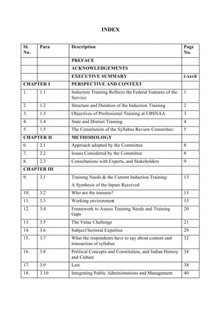INDEX


Sl.   Para    Description                                               Page
No.                                                                     No.
              PREFACE
              ACKNOWLEDGEMENTS
              EXECUTIVE SUMMARY                                         i-xxvii
CHAPTER I     PERSPECTIVE AND CONTEXT
1.    1.1     Induction Training Reflects the Federal Features of the   1
              Service:
2.    1.2     Structure and Duration of the Induction Training          2
3.    1.3     Objectives of Professional Training at LBSNAA             3
4.    1.4     State and District Training                               4
5.    1.5     The Constitution of the Syllabus Review Committee:        5
CHAPTER II    METHODOLOGY
6.    2.1     Approach adopted by the Committee                         8
7.    2.2     Issues Considered by the Committee                        8
8.    2.3     Consultations with Experts, and Stakeholders              9
CHAPTER III
9.    3.1     Training Needs & the Current Induction Training:          13
              A Synthesis of the Inputs Received
10.   3.2     Who are the trainees?                                     13
11.   3.3     Working environment                                       15
12.   3.4     Framework to Assess Training Needs and Training           20
              Gaps
13.   3.5     The Value Challenge                                       21
14    3.6     Subject/Sectoral Expertise                                29
15.   3.7     What the respondents have to say about content and        32
              transaction of syllabus
16.   3.8     Political Concepts and Constitution, and Indian History   34
              and Culture
17.   3.9     Law                                                       38
18.   3.10    Integrating Public Administrations and Management         40
 