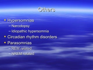 Others Hypersomnias Narcolopsy Idiopathic hypersomnia Circadian rhythm disorders Parasomnias REM related NREM related 