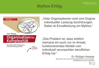 Mythos Erfolg
„Viele Organisationen sind vom Dogma
individueller Leistung durchdrungen.
Dabei ist Einzelleistung ein Mythos.“
„Das Problem ist, dass wirklich
niemand ein auch nur im Ansatz
funktionierendes Modell vom
individuell verursachten beruflichen
Erfolg hat.“
Dr. Rüdiger Hossiep
https://www.xing.com/communities/posts/bochumer-inventare-
1009682220?comment=33216934
 