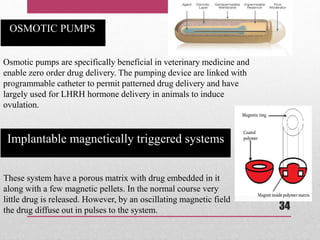 Osmotic pumps are specifically beneficial in veterinary medicine and
enable zero order drug delivery. The pumping device are linked with
programmable catheter to permit patterned drug delivery and have
largely used for LHRH hormone delivery in animals to induce
ovulation.
These system have a porous matrix with drug embedded in it
along with a few magnetic pellets. In the normal course very
little drug is released. However, by an oscillating magnetic field
the drug diffuse out in pulses to the system.
OSMOTIC PUMPS
Implantable magnetically triggered systems
34
 
