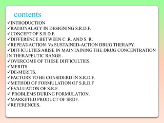 contents
INTRODUCTION
RATIONALATY IN DESIGNING S.R.D.F.
CONCEPT OF S.R.D.F.
DIFFERENCE BETWEEN C .R. AND S. R.
REPEAT-ACTION Vs SUSTAINED-ACTION DRUG THERAPY.
DIFFICULTIES ARISE IN MAINTAINING THE DRUG CONCENTRATION
IN THERAPEUTIC RANGE .
OVERCOME OF THESE DIFFICULTIES.
MERITS.
DE-MERITS.
FACTORS TO BE CONSIDERD IN S.R.D.F.
METHOD OF FORMULATION OF S.R.D.F
EVALUATION OF S.R.F.
 PROBLEMS DURING FORMULATION.
MARKETED PRODUCT OF SRDF.
REFERENCES.
 