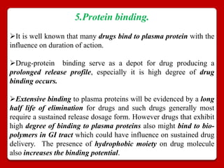 5.Protein binding.
It is well known that many drugs bind to plasma protein with the
influence on duration of action.

Drug-protein binding serve as a depot for drug producing a
prolonged release profile, especially it is high degree of drug
binding occurs.

Extensive binding to plasma proteins will be evidenced by a long
half life of elimination for drugs and such drugs generally most
require a sustained release dosage form. However drugs that exhibit
high degree of binding to plasma proteins also might bind to bio-
polymers in GI tract which could have influence on sustained drug
delivery. The presence of hydrophobic moiety on drug molecule
also increases the binding potential.
 