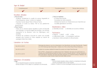 Type de Budget
        Investissement                              Études                             Fonctionnement                          Temps des services

               ✔                                      ✔                                         ✔                                         ✔
Résultats attendus
 Pour le train :                                                                    Pour le maritime :
 - Améliorer durablement la qualité de service (régularité) et                      - En Basse-Normandie :
   l’offre (fréquence, durée / confort du matériel)                                   Consolider les trafics existants.
 - Favoriser l’accès depuis Paris et l’Ile de France                                  Anticiper les besoins en infrastructure pour répondre aux
 - Proposer un accès au réseau TGV et aux plateformes                                 nouvelles générations de ferries.
 aéroportuaires
 Pour l’avion :                                                                  Bénéficiaires cibles
 - Créer une ou plusieurs lignes régulières à partir de Deauville                   Clientèles de loisir         Clientèles de tourisme d’affaires
   vers l’étranger. Le marché anglais est prioritaire. Les marchés
   espagnols et du Benelux, voire de l’Allemagne, sont
                                                                                 Partenaires
   identifiés.
                                                                                    Régions        SNCF    RFF       État
 - Améliorer les conditions d’accueil en créant une nouvelle
                                                                                    Collectivités locales   Compagnies maritimes
   aérogare plus moderne et mieux adaptée au volume de
                                                                                    Syndicats mixtes portuaires et aéroportuaires
   passagers désormais traités.

Calendrier de l’action
                                                  Démarrage des études en vue de la modernisation et de l’électrification de la ligne Paris/Granville ; Création
  De 2010 à 2012
                                                  d’un TGV Cherbourg-Caen-Roissy-Dijon ; Création d’un TGV Le Havre-Rouen-Roissy-Strasbourg
  De 2013 à 2015                                  Livraison du nouveau matériel Bi-modes Bi-courants sur la ligne Paris/Granville
                                                  PCC et PRLH : remplacement du matériel actuel Corail ; Réalisation des travaux de modernisation de
                                                  l’infrastructure Paris/Granville permettant de mettre en œuvre la desserte cible de 7 A/R avec desserte du
  De 2016 à 2019
                                                  Mont-Saint-Michel. Valorisation des lignes ferroviaires disposant d’un potentiel touristique. Réalisation des
                                                  1re composantes du projet de liaison rapide Normandie-Vallée de Seine.


Indicateurs d'évaluation                                                        Aérien
 Train                                                                          - Nombre de lignes régulières créées au départ ou à destination de Deauville
 - Taux de régularité des lignes normandes Corail-InterCité                     - Nombre de passagers loisirs sur ligne régulière
 - Nombre de liaisons TGV au départ ou à destination de la Normandie            Maritime : Évolution du nombre de passagers transitant par les ports normands      104
                                                                                                                                                                   105
 