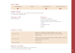 Type de Budget
        Investissement                          Études                        Fonctionnement                 Temps des services

              ✔                                                                      ✔                               ✔
Résultats attendus
 Fidéliser des clientèles qui, sans ces efforts, iront vers d’autres destinations.
 Conquérir de nouvelles clientèles.

Bénéficiaires cibles                                                     Partenaires
 Clientèles de loisir                                                      Opérateurs de transports
                                                                           Autorités organisatrices de transport
                                                                           Syndicats mixtes portuaires et aéroportuaires
                                                                           SAPN
                                                                           Collectivités locales
                                                                           FROTSI
                                                                           CLIC

Calendrier de l’action

                                                            Définition d’un cahier des charges et réalisation des 1er audits.
  De 2010 à 2012                                            Création du Comité régional des partenaires du transport public.
                                                            Appel à projet.

                                                            Définition de programmes d’actions suite aux audits engagés et poursuite
  De 2013 à 2015                                            des audits pour les autres sites.
                                                            Appel à projet.

  De 2016 à 2019                                            Appel à projet.


Indicateurs d'évaluation
 Nombre de sites transports labellisés « Point I Normandie ».
 Nombre d’expérimentations (et bilan qualitatif).
                                                                                                                                       110
                                                                                                                                       111
 