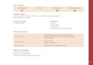 Type de Budget
        Investissement                         Études                        Fonctionnement                   Temps des services

              ✔                                                                     ✔                                  ✔
Résultats attendus
 Offrir à la clientèle en situation de handicap des « destinations touristiques accessibles ».
 Se démarquer sur ce marché.


Bénéficiaires cibles                                                    Partenaires
 Collectivités locales                                                    Europe
                                                                          État (Tourisme)
                                                                          Départements
                                                                          Associations de personnes handicapées.

Calendrier de l’action

                                                           Sensibilisation des élus et des prestataires touristiques.
  De 2010 à 2012                                           Définition des contrats de territoires touristiques accessibles.
                                                           1er appel à projets.

                                                           2e appel à projets.
  De 2013 à 2015
                                                           Premières « labellisations ».

  De 2016 à 2019                                           « Labellisations » et évaluation des actions.


Indicateurs d'évaluation
 Nombre de contrats signés.
 Nombre de territoires labellisés.
 Nombre de prestataires inscrits dans les contrats.



                                                                                                                                   114
                                                                                                                                   115
 