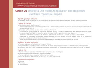 6/ Une Normandie solidaire
    Objectif . Rendre accessible la Normandie aux publics les plus larges
               en aidant à surmonter les obstacles physiques et financiers


Action 26 : Inciter à une meilleure utilisation des dispositifs
            existants d'aides au départ
   Objectif spécifique à l'action
     Favoriser le départ en vacances ou en courts séjours des Normands qui, sans aide financière, seraient amenés à y renoncer.

   Contenu de l'action
     Accroître les départs des Normands :
     - Sensibiliser les entreprises normandes pour les inciter à distribuer à leurs salariés les chèques vacances de l’Agence Nationale des
     Chèques vacances (ANCV).
     Développer la fréquentation des sites et des activités de Normandie :
     - Communiquer aux Normands les tarifications régionales facilitant l'accès aux transports et aux loisirs (cart’@too en Basse-
     Normandie ; carte Tout Public en Haute-Normandie ; tarification VisiTer ; opération destination plages….).
     - Renforcer la notoriété de l’opération « Au Printemps, la Normandie se découvre » conduite par le C.R.T. depuis 2006.
     - Sensibiliser les prestataires aux politiques tarifaires adaptées aux cibles familles, seniors et groupes jeunes en les incitant tout
     particulièrement à accepter les chèques vacances.
     - Inciter les prestataires normands à s’inscrire dans les initiatives nationales de l’ANCV en faveur de l’accueil.

   Modalités de mise en œuvre
     Politiques régionales de tarification des transports publics.
     Élargissement aux activités de loisirs et touristiques, du champ des avantages accordés aux détenteurs des cartes régionales.
     Convention avec l’ANCV pour mobiliser les prestataires touristiques et les entreprises, notamment celles de moins de 50 salariés.

   Chef de File
     Pour   les politiques régionales de tarification des transports publics : les Régions.
     Pour   la mobilisation des entreprises : le réseau consulaire.
     Pour   la mobilisation des prestataires : le C.R.T. de Normandie.
     Pour   « Au Printemps, la Normandie se découvre » : le C.R.T. de Normandie.

   Compétences régionales
     Tourisme
     Transports
     Communication
 