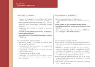 I Le diagnostic
  Évolutions à prendre en compte




  Les tendances politiques                                          Les tendances socio-culturelles

    Évolution de la répartition de la couverture des besoins          Des modes de vie de plus en plus urbains.
    sociaux (santé, éducation et autres services publics)             Augmentation des familles monoparentales ou recompo-
    Préoccupations de sécurité et de santé (risque terroriste,        sées.
    délinquance relayée par les medias, catastrophes naturelles,      Des clientèles de plus en plus averties aux voyages.
    épidémies).                                                       Globalisation culturelle : diminution des différences entre
    Abaissement des frontières en matière de commerce                 les sites.
    international.                                                    L’accentuation de demandes à deux niveaux de l’échelle :
    Intervention publique forte pour soutenir et développer les       le « bas de prix » et le « haut de gamme ».
    destinations européennes.
    Développement de projets d'investissement en partenariat
    Public/Privé.

  Conséquences pour le secteur touristique                          Conséquences pour le secteur touristique
    Une demande sensible aux informations en matière de sûreté        Une demande prononcée en termes de bien-être/remise en
    et de sécurité des personnes.                                     forme corporel ou spirituel, de retour à la nature, de confort, de
    L'anticipation de l'impact du classement au risque terroriste     sécurité.
    pour les destinations européennes.                                Des besoins marqués : convivialité, rupture par rapport au
    L'émergence du marché du tourisme médical intra-européen et       mode de vie stressant, recherche d’authenticité et de sens,
    entrant au niveau national.                                       rejet des approches jugées trop commerciales ou artificielles.
    L'augmentation des demandes de visas                              Des exigences importantes de qualité des services, de vécu
    Des politiques volontaristes des États ou régions européens       d'expériences et/ou de nouveautés et de ludique.
    pour mobiliser l'investissement public à hauteur des destina-     La nécessité de développer plus de produits de niches,
    tions concurrentes.                                               adaptés à des produits low cost ou des produits sur mesure, à
                                                                      forte valeur ajoutée.
                                                                      Des besoins d'une offre différenciée et attractive, notamment
                                                                      sur le « milieu de gamme ».
 