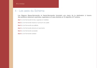 II La stratégie




4 - Les axes du Schéma
   Les Régions Basse-Normandie et Haute-Normandie formulent une vision de la destination à travers
   des ambitions clairement exprimées, organisées en 6 axes déclinés en 16 objectifs et 27 actions.

   Axe 1    Une Normandie formée, organisée et mobilisée

   Axe 2    Une Normandie réactive et synonyme de qualité

   Axe 3    Une Normandie accueillante

   Axe 4    Une Normandie attractive et rayonnante

   Axe 5    Une Normandie accessible

   Axe 6    Une Normandie solidaire
 
