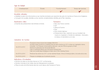Type de Budget
        Investissement                           Études                         Fonctionnement                     Temps des services

                                                                                        ✔                                    ✔
Résultats attendus
  Stabiliser la place de la Normandie sur ses marchés prioritaires puis reprendre des parts de marchés en France et en Angleterre.
  Conquérir de nouvelles clientèles sur les marchés complémentaires identifiés par le Plan marketing

Bénéficiaires cibles                                                       Partenaires
 Ensemble des professionnels et des territoires normands.                    État ( atout France, tourisme)
                                                                             CDT
                                                                             Offices de Tourisme
                                                                             Pays
                                                                             Parcs naturels régionaux
                                                                             Professionnels et sites, notamment ceux qui mutualisent des
                                                                             moyens en s’organisant, à l’échelle de la destination « Normandie »,
                                                                             en réseaux, en associations ou en clubs

Calendrier de l’action
                             Poursuivre la mise en œuvre de la stratégie 2006-2010.
                             Accroître la place donnée au e-marketing dans les plans d’actions du C.R.T. et dans son organisation interne.
                             Consolider « Au Printemps, la Normandie se découvre » avec les OTSI et le groupe La Poste.
  De 2010 à 2012
                             Renforcer le partenariat avec Normandie Mémoire.
                             Créer un partenariat efficace avec Normandie impressionniste.
                             Caler une nouvelle étape stratégique en liaison avec le Plan marketing France.
  De 2013 à 2015             Renforcer les actions du C.R.T. sur les marchés Russie, Chine et Amérique latine, à la sortie de la crise.

  De 2016 à 2019             Préparer la stratégie pour la période suivante.

Indicateurs d'évaluation
  Nombre de visites sur les sites Internet du C.R.T. de Normandie.
  Nombre d’arrivées et de nuitées dans les hébergements touristiques.
  Place et poids de la Normandie dans les courts séjours des Français en France.
                                                                                                                                                    100
                                                                                                                                                    101
 