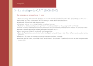 I Le diagnostic




3 - La stratégie du C.R.T. (2006-2010)
   Une stratégie de reconquête en 11 axes

     Renouveler l'image de la Normandie et adopter une nouvelle démarche promotionnelle autour des « Escapades à vivre et revivre » ;
     Encourager les publics normands à re-découvrir leur région et à en devenir des prescripteurs ;
     Développer un système de veille plus performant ;
     Développer l'Internet comme outil principal de conquête et de vente ;
     Renforcer les relations avec la presse en garantissant une présence adaptée sur chaque segment de marché ciblé ;
     Garantir la place de la Normandie auprès des prescripteurs-groupes à travers la participation à des salons et des workshops ciblés ;
     Évaluer et améliorer la qualité et l'efficacité des outils de promotion du C.R.T. ;
     Établir des contrats d'objectifs pluri-annuels avec les partenaires ;
     Établir des Plans d'actions concertés avec les Comités Départementaux du Tourisme et les Offices de Tourisme clés pour les marchés
     prioritaires ;
     Réunir tous les acteurs du tourisme autour d'une stratégie de promotion commune ;
     Mettre en place en interne une nouvelle culture de management participative et d'évaluation en fonction de cette nouvelle stratégie
     de promotion.
 