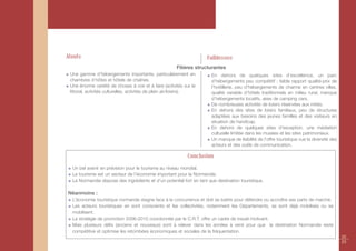 Atouts                                                               Faiblesses
                                                        Filières structurantes
 Une gamme d’hébergements importante, particulièrement en              En dehors de quelques sites d’excellence, un parc
 chambres d’hôtes et hôtels de chaînes.                                d’hébergements peu compétitif : faible rapport qualité-prix de
 Une énorme variété de choses à voir et à faire (activités sur le      l’hotêllerie, peu d’hébergements de charme en centres villes,
 littoral, activités culturelles, activités de plein air/loisirs).     qualité variable d’hôtels traditionnels en milieu rural, manque
                                                                       d’hébergements locatifs, aires de camping cars.
                                                                       De nombreuses activités de loisirs réservées aux initiés.
                                                                       En dehors des sites de loisirs familiaux, peu de structures
                                                                       adaptées aux besoins des jeunes familles et des visiteurs en
                                                                       situation de handicap.
                                                                       En dehors de quelques sites d'exception, une médiation
                                                                       culturelle limitée dans les musées et les sites patrimoniaux.
                                                                       Un manque de lisibilité de l’offre touristique vue la diversité des
                                                                       acteurs et des outils de communication.

                                                              Conclusion
  Un bel avenir en prévision pour le tourisme au niveau mondial.
  Le tourisme est un secteur de l’économie important pour la Normandie.
  La Normandie dispose des ingrédients et d’un potentiel fort en tant que destination touristique.

Néanmoins :
  L’économie touristique normande stagne face à la concurrence et doit se battre pour défendre ou accroître ses parts de marché.
  Les acteurs touristiques en sont conscients et les collectivités, notamment les Départements, se sont déjà mobilisés ou se
  mobilisent.
  La stratégie de promotion 2006-2010 coordonnée par le C.R.T. offre un cadre de travail motivant.
  Mais plusieurs défis (anciens et nouveaux) sont à relever dans les années à venir pour que la destination Normandie reste
  compétitive et optimise les retombées économiques et sociales de la fréquentation.
                                                                                                                                             22
                                                                                                                                             23
 