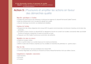 2/ Une Normandie réactive et synonyme de qualité
    Objectif 1. Amplifier les actions en faveur de la qualité pour renforcer
                la professionnalisation


Action 5 : Poursuivre et amplifier les actions en faveur
           des démarches qualité
   Objectifs spécifiques à l'action
      Améliorer les performances des entreprises en renforçant les exigences du dispositif Normandie Qualité Tourisme.
      Aider les professionnels à avoir une approche globale de la qualité.
      Apporter davantage de promotion aux établissements labellisés.

   Contenu de l'action
      Élargissement des critères obligatoires de la marque NQT à la gestion environnementale, à la dimension marketing, à la formation des
      personnels…
      Compléter le champ d'actions du dispositif NQT en élargissant la fonction de conseil à de nouvelles composantes telles que le labell
      Tourisme et handicap, le classement, la santé et la sécurité au travail…
      S’appuyer sur le Plan Qualité Tourisme pour la promotion des adhérents.

   Modalités de mise en œuvre
      Établir les nouveaux critères.
      Créer un guichet unique ou un portail unique pour le conseil aux entreprises.
      Mettre en place des formations conjointes pour les conseillers et l’ensemble des partenaires du « guichet unique ».

   Chef de File
      C.R.T. de Normandie en tant que propriétaire de la marque NQT.
      Chambres Régionales de Commerce et d’Industrie de Haute et Basse-Normandie en tant que maîtres d’œuvre.

   Compétences régionales concernées
      État (Tourisme)
      Économie
      Formation
 