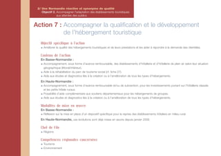 2/ Une Normandie réactive et synonyme de qualité
    Objectif 2. Accompagner l'adaptation des établissements touristiques
                aux attentes des publics


Action 7 : Accompagner la qualification et le développement
           de l’hébergement touristique
   Objectif spécifique à l'action
     Améliorer la qualité des hébergements touristiques et de leurs prestations et les aider à répondre à la demande des clientèles.

   Contenu de l'action
   En Basse-Normandie :
     Accompagnement, sous forme d’avance remboursable, des établissements d’hôtellerie et d’hôtellerie de plein air selon leur situation
     géographique (littoral/intérieur).
     Aide à la réhabilitation du parc de tourisme social (cf. fiche 27).
     Aide aux études et diagnostics liés à la création ou à l’amélioration de tous les types d’hébergements.
   En Haute-Normandie :
     Accompagnement, sous forme d’avance remboursable et/ou de subvention, pour les investissements portant sur l’hôtellerie classée
     et les petits hôtels ruraux.
     Possibilité d’aide complémentaire aux soutiens départementaux pour les hébergements de groupes.
     Aide aux études et diagnostics liés à la création ou à l’amélioration de tous les types d’hébergements.

   Modalités de mise en œuvre
   En Basse-Normandie :
     Réflexion sur la mise en place d’un dispositif spécifique pour la reprise des établissements hôteliers en milieu rural.
   En Haute-Normandie, ces évolutions sont déjà mises en œuvre depuis janvier 2009.

   Chef de File
     Régions

   Compétences régionales concernées
     Tourisme
     Environnement
 