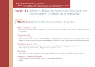 4/ Une Normandie attractive et rayonnante
    Objectif 2. Mobiliser les actions des Régions autour des sites majeurs et de deux thématiques
                de notoriété mondiale : la Bataille de Normandie et l'Impressionnisme


Action 15 : Valoriser la Bataille de Normandie (Débarquement,
            Reconstruction) à l'échelle de la Normandie

 Action 15 A : Établir une Charte éthique du tourisme de mémoire

   Objectif spécifique à l'action
     Affirmer des valeurs fondamentales et partagées pour un tourisme de mémoire respectueux et en cohérence avec les valeurs prônées
     par l’UNESCO.

   Contenu de l'action
     Établir une Charte éthique.
     Proposer aux acteurs du tourisme de mémoire d’adhérer à une Charte éthique (en s'appuyant sur la Charte de bonne conduite
     imaginée par la communauté de Communes de Ste Mère Église et reprise par l'État et l’Association Normandie Mémoire en mai 2008).

   Modalités de mise en œuvre
     Tirer le bilan de l’expérience de la Charte de bonne conduite de mai 2008 (nombre de signataires, impact, etc…).
     Mettre en place un Comité scientifique chargé de la mise en oeuvre et du suivi.

   Chef de File
     Région Basse-Normandie (en association avec l’Etat et l’Association Normandie Mémoire et la Région Haute-Normandie)

   Compétences régionales concernées
     Tourisme, Service en charge du dossier UNESCO à la Région Basse-Normandie
     Culture
 