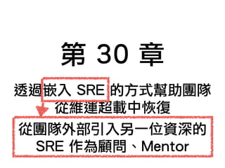 透過嵌入 SRE 的方式幫助團隊
從維運超載中恢復
第 30 章
從團隊外部引入另一位資深的
SRE 作為顧問、Mentor
 