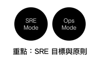 重點：SRE 目標與原則
Ops
Mode
SRE
Mode
 