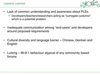 Lessons Learned

• Lack of common understanding and awareness about PLEs.
   • Developers/teachers/researchers acting as “surrogate customer”
     which is a potential problem


• Inadequate communication among “end-users” and developers
  around proposed requirements

• Cultural diversity and language barrier – Chinese, German and
  English

• Lurking – 90-9-1 behaviour atypical of any community based
  forums
 