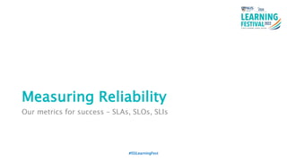 Measuring Reliability
Our metrics for success – SLAs, SLOs, SLIs
#ISSLearningFest
 