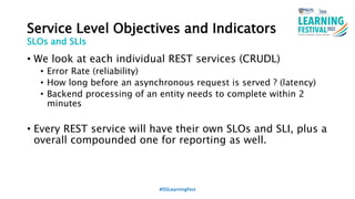 Service Level Objectives and Indicators
• We look at each individual REST services (CRUDL)
• Error Rate (reliability)
• How long before an asynchronous request is served ? (latency)
• Backend processing of an entity needs to complete within 2
minutes
• Every REST service will have their own SLOs and SLI, plus a
overall compounded one for reporting as well.
#ISSLearningFest
SLOs and SLIs
 