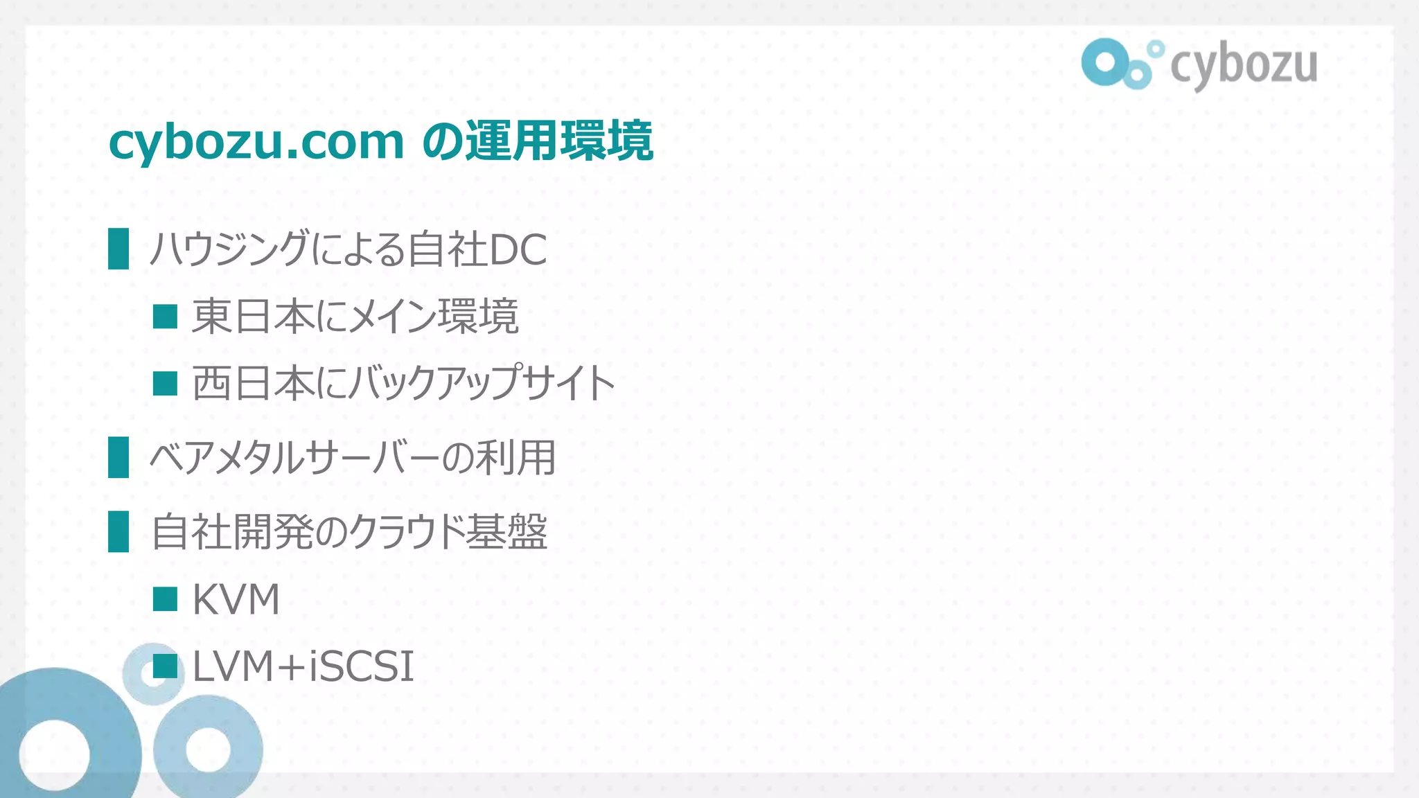 cybozu.com の運用環境
▌ハウジングによる自社DC
 東日本にメイン環境
 西日本にバックアップサイト
▌ベアメタルサーバーの利用
▌自社開発のクラウド基盤
 KVM
 LVM+iSCSI
 