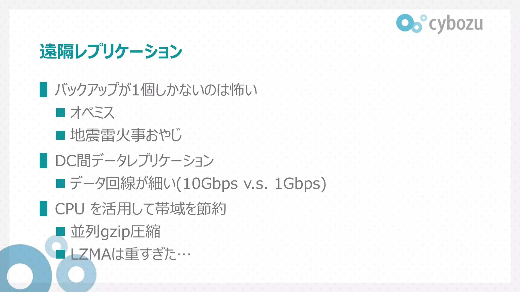 遠隔レプリケーション
▌バックアップが1個しかないのは怖い
 オペミス
 地震雷火事おやじ
▌DC間データレプリケーション
 データ回線が細い(10Gbps v.s. 1Gbps)
▌CPU を活用して帯域を節約
 並列gzip圧縮
 LZMAは重すぎた…
 