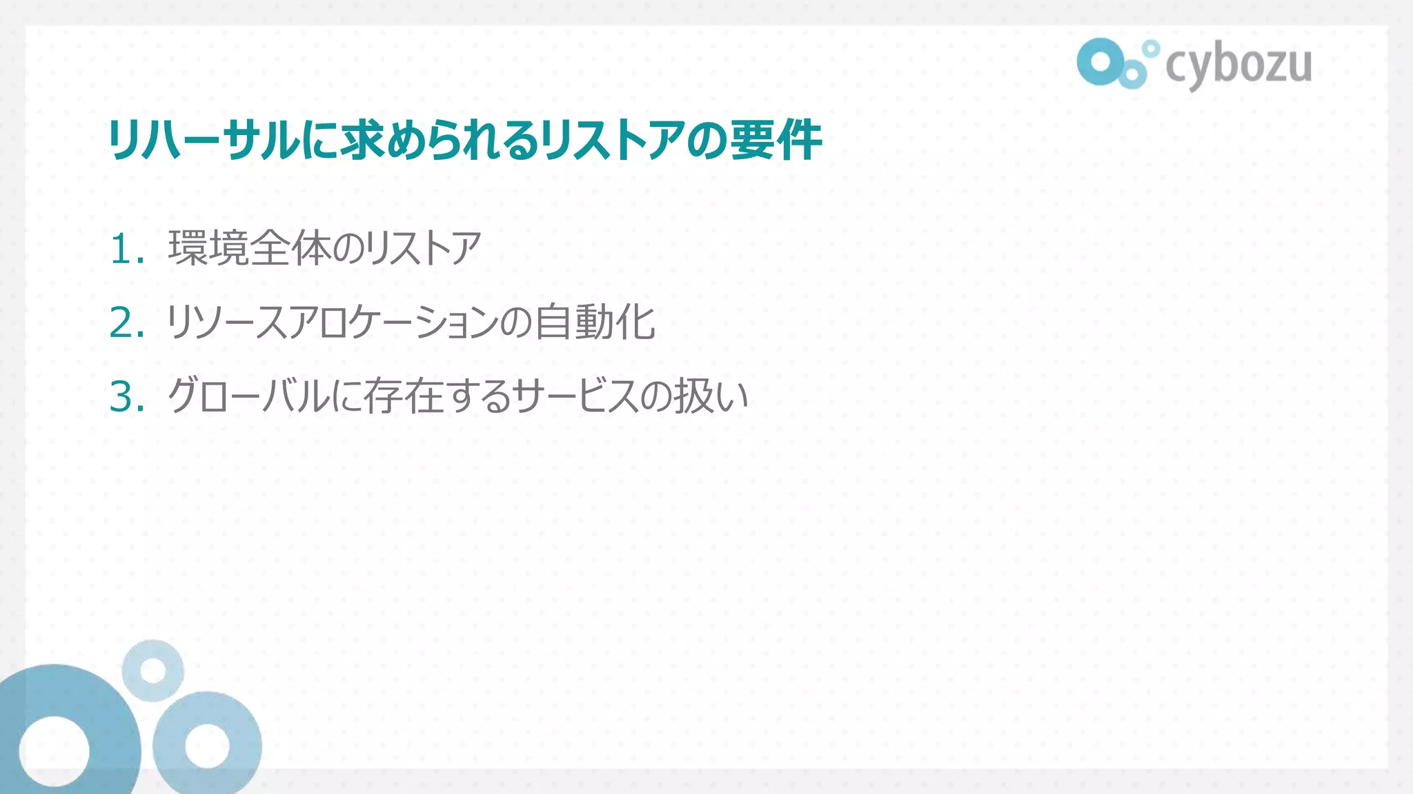 リハーサルに求められるリストアの要件
1. 環境全体のリストア
2. リソースアロケーションの自動化
3. グローバルに存在するサービスの扱い
 