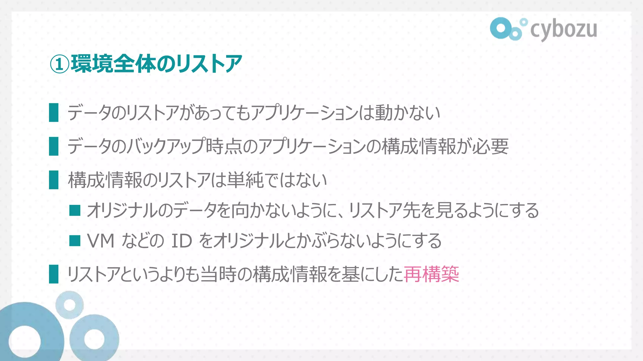 ①環境全体のリストア
▌データのリストアがあってもアプリケーションは動かない
▌データのバックアップ時点のアプリケーションの構成情報が必要
▌構成情報のリストアは単純ではない
 オリジナルのデータを向かないように、リストア先を見るようにする
 VM などの ID をオリジナルとかぶらないようにする
▌リストアというよりも当時の構成情報を基にした再構築
 
