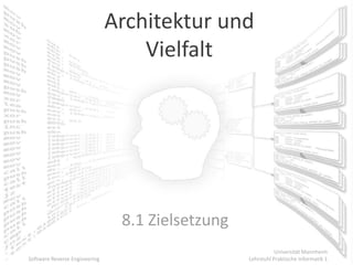 Architektur und
                                   Vielfalt




                                8.1 Zielsetzung
                                                             Universität Mannheim
Software Reverse Engineering                      Lehrstuhl Praktische Informatik 1
 