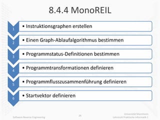 8.4.4 MonoREIL
1
       • Instruktionsgraphen erstellen

2
       • Einen Graph-Ablaufalgorithmus bestimmen

3
       • Programmstatus-Definitionen bestimmen

4
       • Programmtransformationen definieren

5
       • Programmflusszusammenführung definieren

6
       • Startvektor definieren


                                                           Universität Mannheim
                                     34
Software Reverse Engineering                    Lehrstuhl Praktische Informatik 1
 